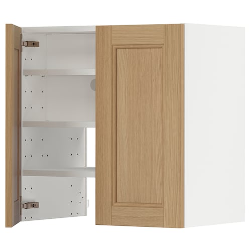 METOD kitchen cabinet in oak. Open door reveals adjustable shelves.