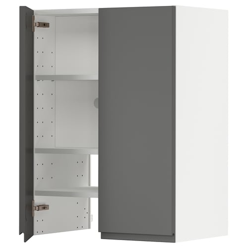 A METOD kitchen cabinet in dark grey with open door, revealing adjustable shelves and a steel hinge.