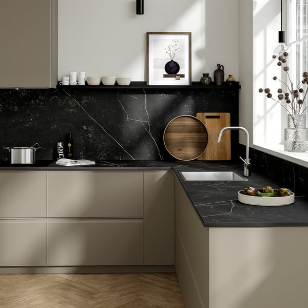 MÖCKLARP Custom made worktop, matt black/brown marble effect/high pressure porcelain, 1 m²x2.0 cm