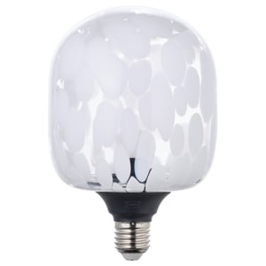 Ikea MOLNART led bulb, white with dot pattern, spherical shape, glass cover.