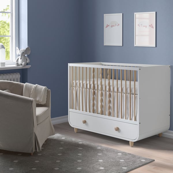 MYLLRA Cot with drawer, white, 70x132 cm