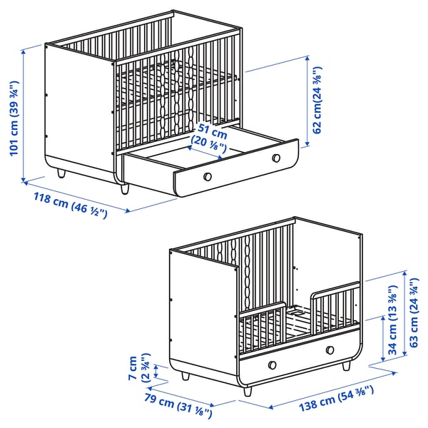 MYLLRA Cot with drawer, white, 70x132 cm