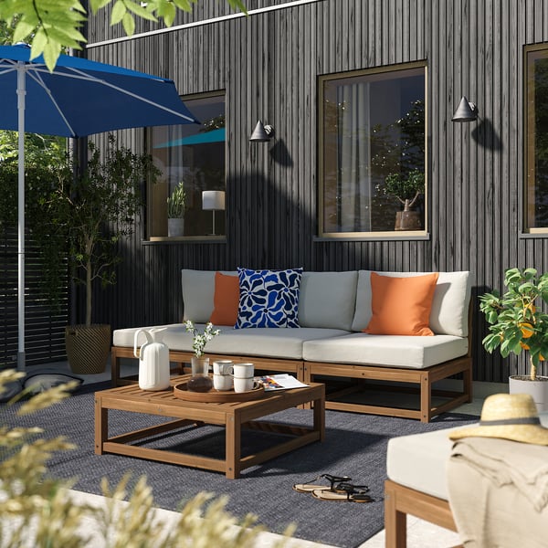 NÄMMARÖ 3-seat modular sofa, outdoor light brown stained/Frösön/Duvholmen beige, 243 cm