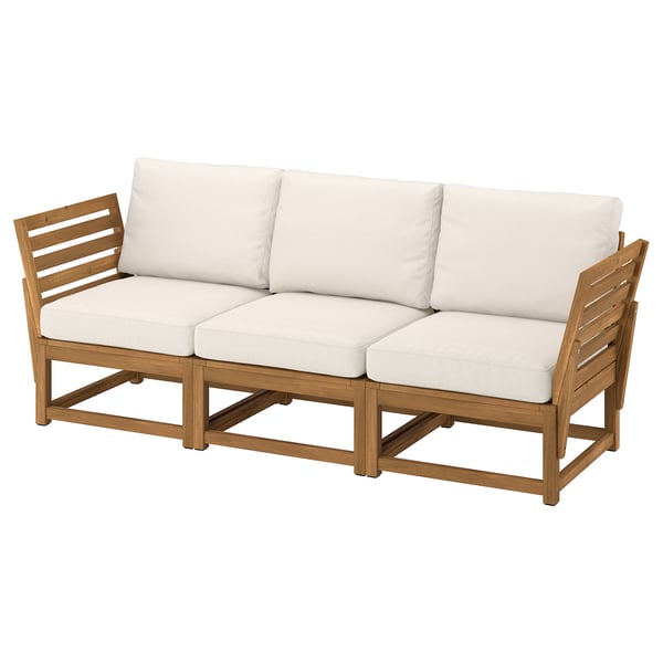 NÄMMARÖ outdoor couch: light beige cushions, acacia wood frame, rectangular shape, slatted back & armrests.