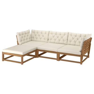 NÄMMARÖ 3-seat sofa, outdoor with footstool/light brown stained Kuddarna light grey-beige, 264 cm