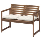 NÄMMARÖ Bench with backrest and cushions, light brown stained/Kuddarna light grey-beige