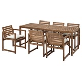 NÄMMARÖ Table+6 chairs w armrests, outdoor, light brown stained/Kuddarna light grey-beige, 200x75 cm