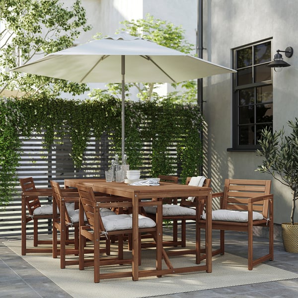 NÄMMARÖ Table+6 chairs w armrests, outdoor, light brown stained/Kuddarna light grey-beige, 200x75 cm