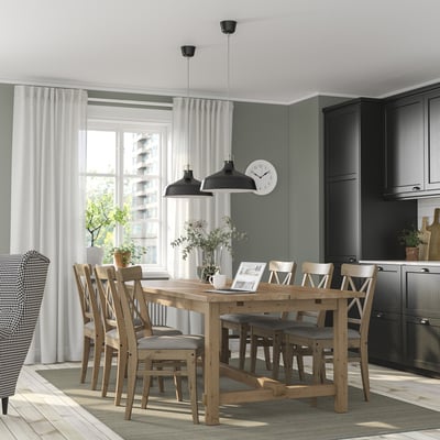 NORDVIKEN / INGOLF Table and 6 chairs, antique stain/Nolhaga grey-beige antique stain, 210/289 cm