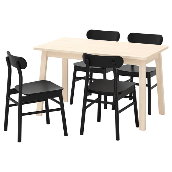 Wooden NORRÅKER dining set with light table, 4 black chairs, rounded edges for safety.