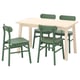 Set of light wood dining table and 4 green chairs with rounded edges.