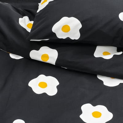 ÖGONLOCKSMAL Duvet cover and pillowcase, black/white/yellow, 150x200/50x80 cm