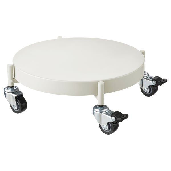 A white OLIVBLAD plant dolly with a round base, four wheels, and brakes for stability.