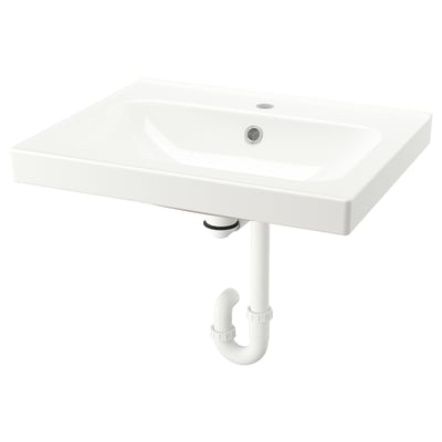 A white, rectangular ORRSJÖN ceramic washbasin with a sleek design and smooth edges, including a drain and water trap.