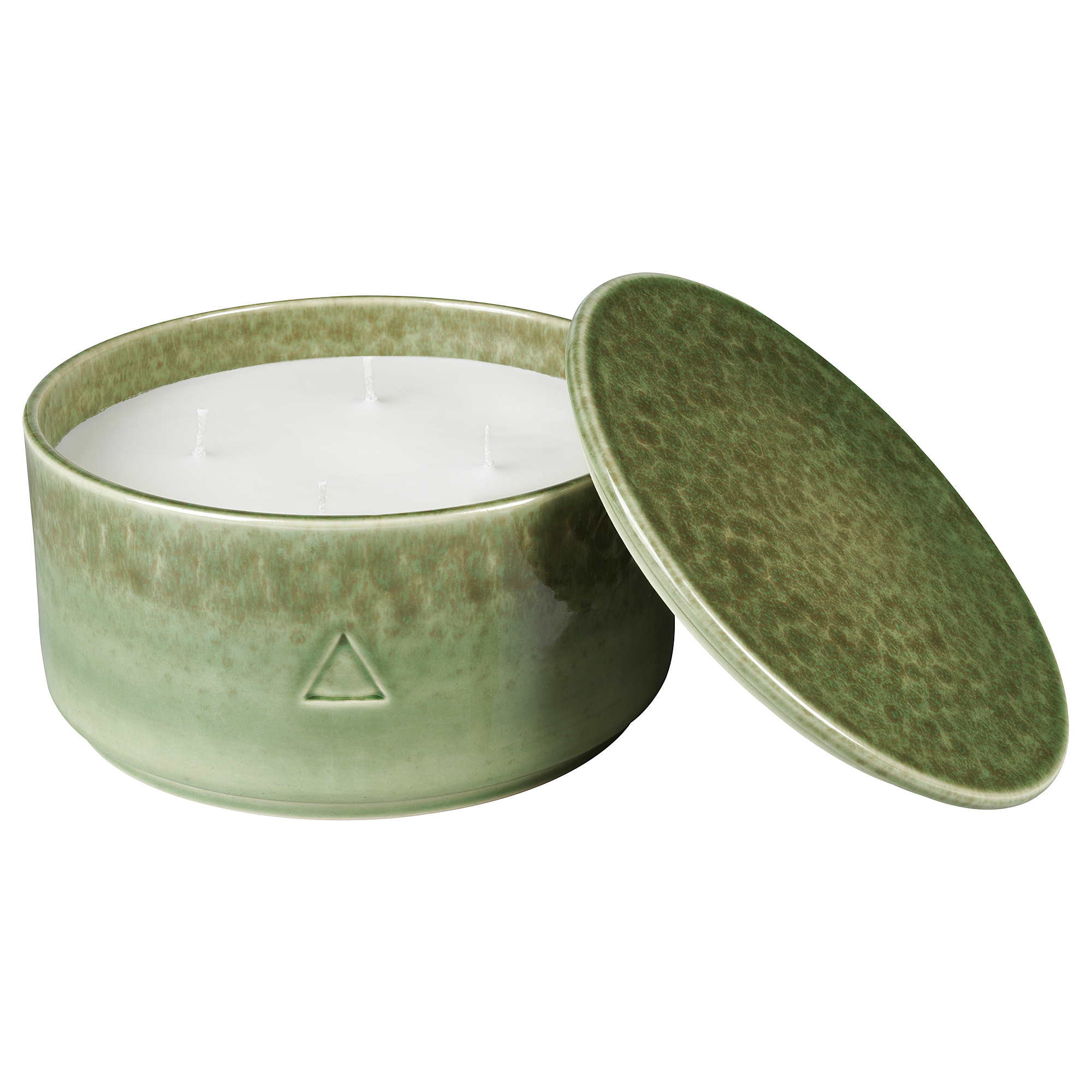 OSYNLIG Scented candle in pot w 4 wicks/lid, Cotton flower & apple