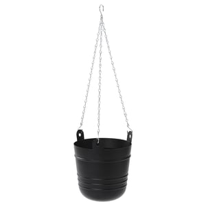 Black hanging planter, PÄRLRÖNN with metallic chain, round, modern design.