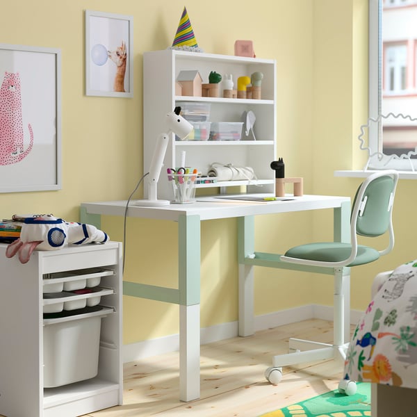 PÅHL Desk with shelf unit, height adjustable white/light green, 96x58 cm