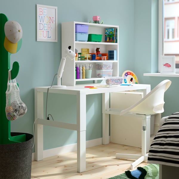Adjustable kids desk with lamp, toys, art supplies, green hook. Or, even shorter: kids adjustable desk with lamp, toys, hook.