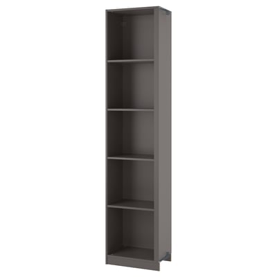 Gray ikea PAX wardrobe add-on with multiple shelves.