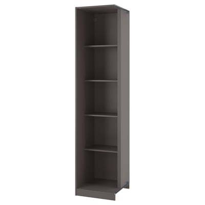 An empty grey PAX wardrobe unit with three shelves, standing against a white background. Its a tall, narrow, rectangular shape with a smooth finish.
