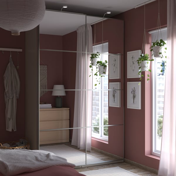 PAX / AULI Wardrobe with sliding doors, grey-beige/mirror glass, 150x66x236 cm