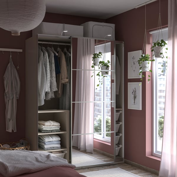 PAX / AULI Wardrobe with sliding doors, grey-beige/mirror glass, 150x66x201 cm