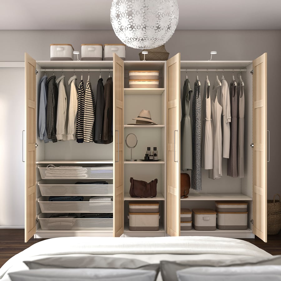 PAX / BERGSBO wardrobe, white/white stained oak effect, 250x60x201 cm