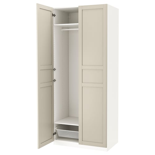 An open beige ikea PAX wardrobe with shelves and a hanging rail.