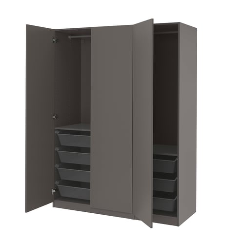 Open grey PAX wardrobe with mesh shelves, hinged doors, and black interior.