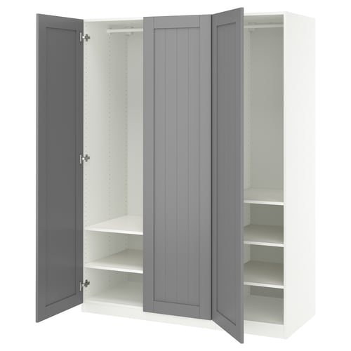 Ikea PAX wardrobe: grey, white interior, adjustable shelves.