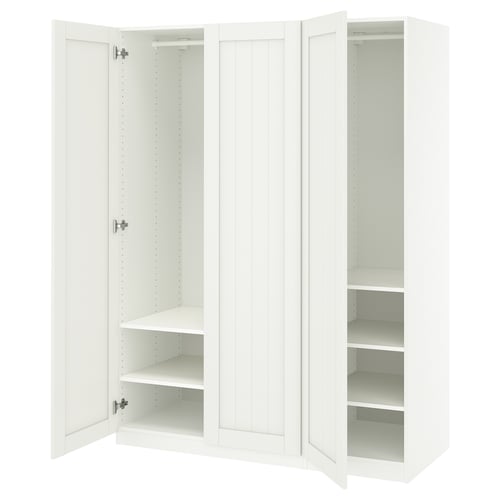 White PAX wardrobe with open doors, showing shelves and rails. Minimalist design, modern style.