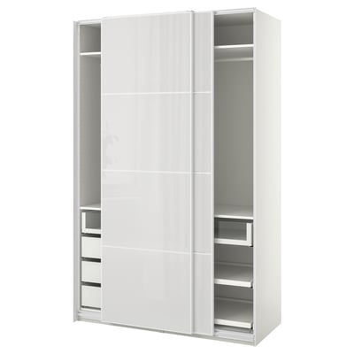 PAX / HOKKSUND Wardrobe combination, white/high-gloss light grey, 150x66x236 cm