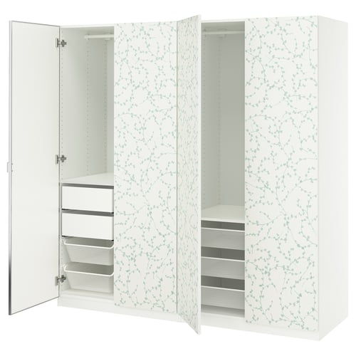 An open white and green patterned ikea PAX wardrobe with mesh and solid drawers.