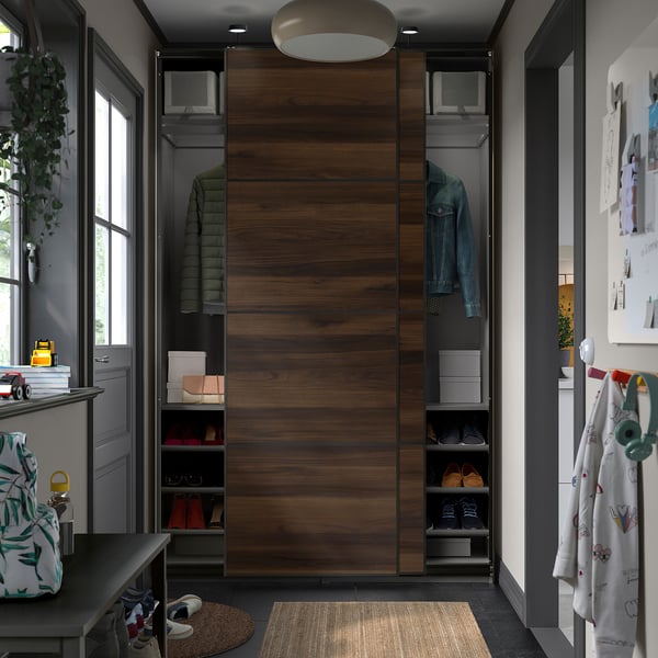 PAX / MEHAMN Wardrobe with sliding doors, dark grey black/dark brown oak effect, 150x43x236 cm