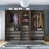 PAX / STORKLINTA Wardrobe combination, dark grey/dark brown stained oak effect, 250x58x201 cm