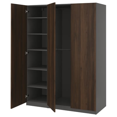 Dark brown PAX wardrobe, tall with three empty interior shelves.