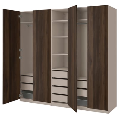 PAX / STORKLINTA Wardrobe combination, grey-beige/dark brown stained oak effect, 250x58x236 cm