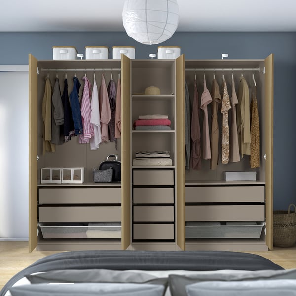 PAX / STORKLINTA Wardrobe combination, grey-beige/oak effect, 250x58x201 cm
