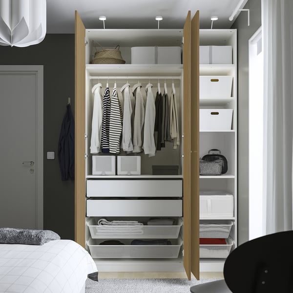 PAX / STORKLINTA Wardrobe combination, white/oak effect, 150x60x236 cm