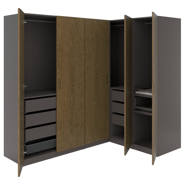 PAX / TONSTAD Corner wardrobe, dark grey/brown stained oak veneer, 211/161x201 cm