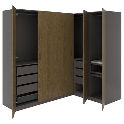 PAX / TONSTAD Corner wardrobe, dark grey/brown stained oak veneer, 211/161x201 cm