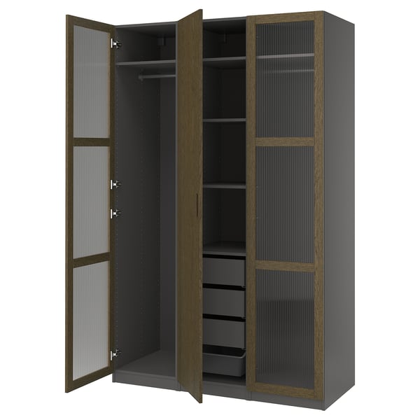 PAX / TONSTAD Wardrobe combination, dark grey brown/stained oak veneer glass, 150x60x236 cm