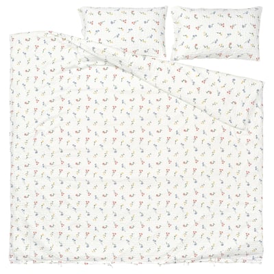 Floral pildvärm duvet set, white & pastel, cotton-viscose, seersucker texture, includes cover & 2 pillowcases.