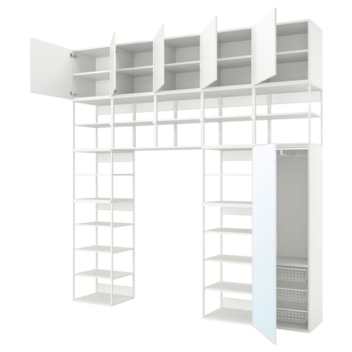 White PLATSA closet with shelves, mirrors, and metal elements.
