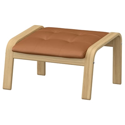Brown leather POÄNG footstool, light wood frame, curved design.