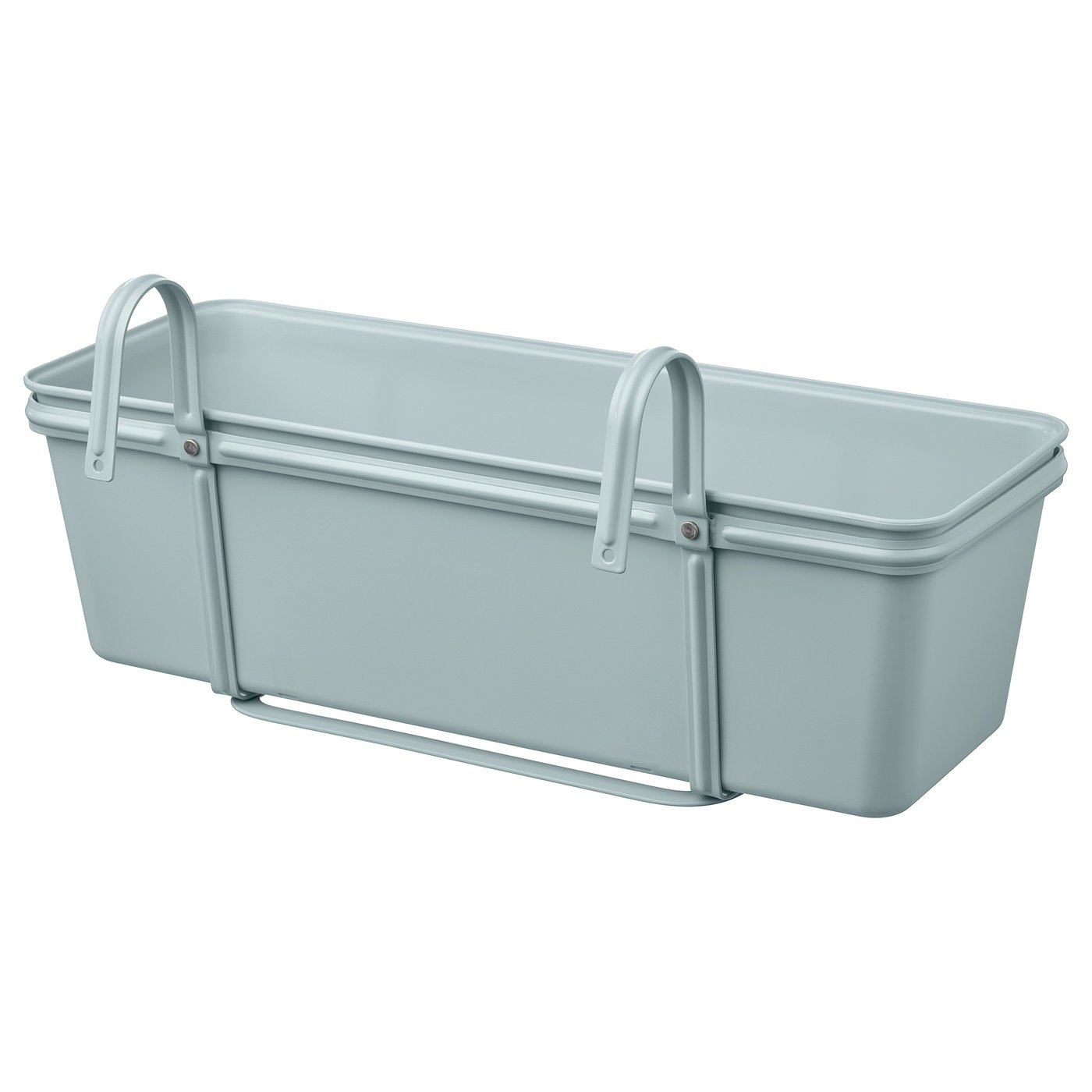 Blue ROSENKÅL flower box with metal handles, for railing, has water reservoir.