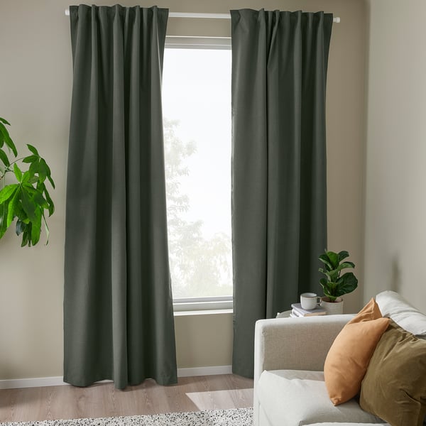 ROSENMANDEL Block-out curtains, 1 pair, dark green/with heading tape, 135x250 cm