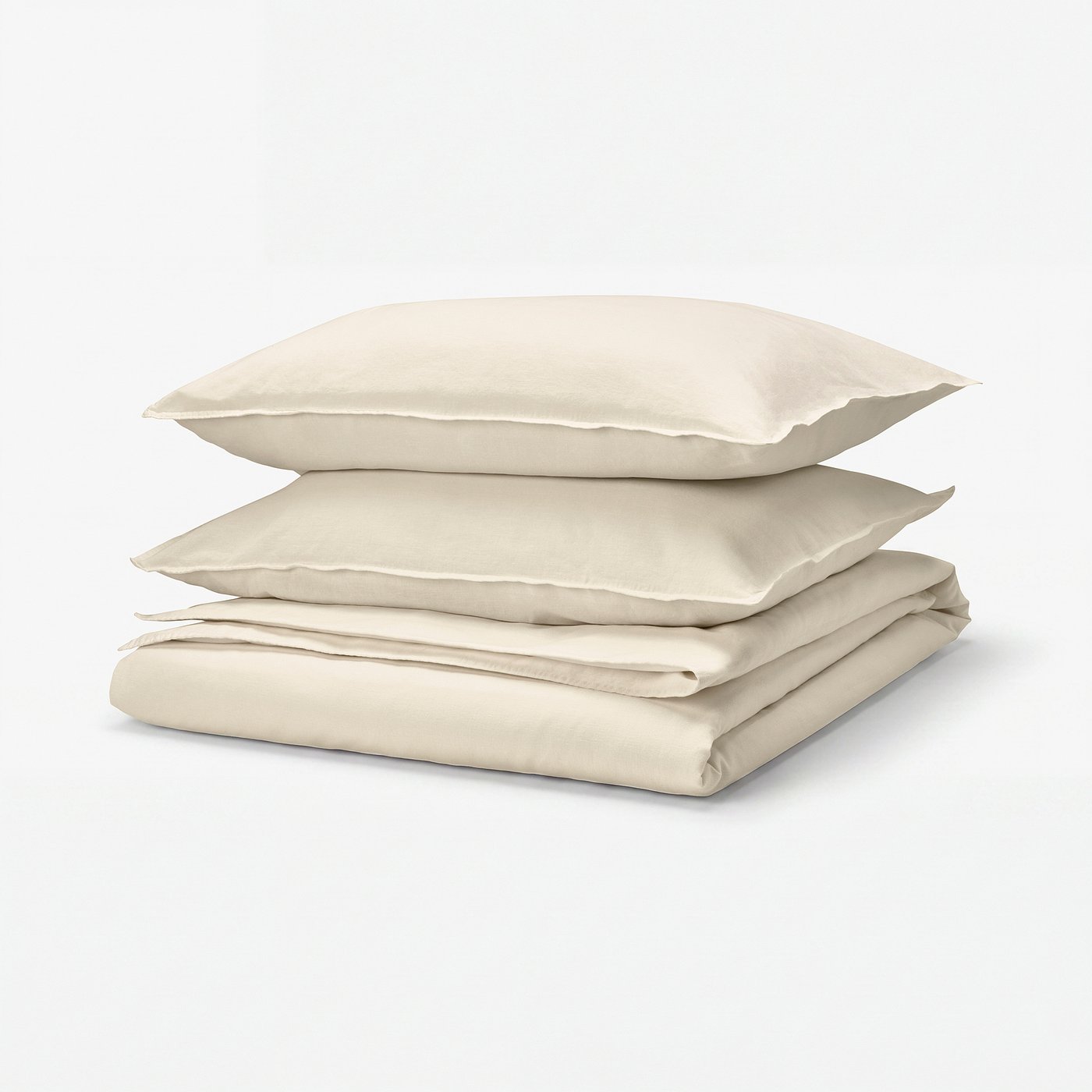 Beige RUNDHAGTORN bedding set, folded with soft, linen-cotton blend, envelope pillowcases, and subtle buttons.