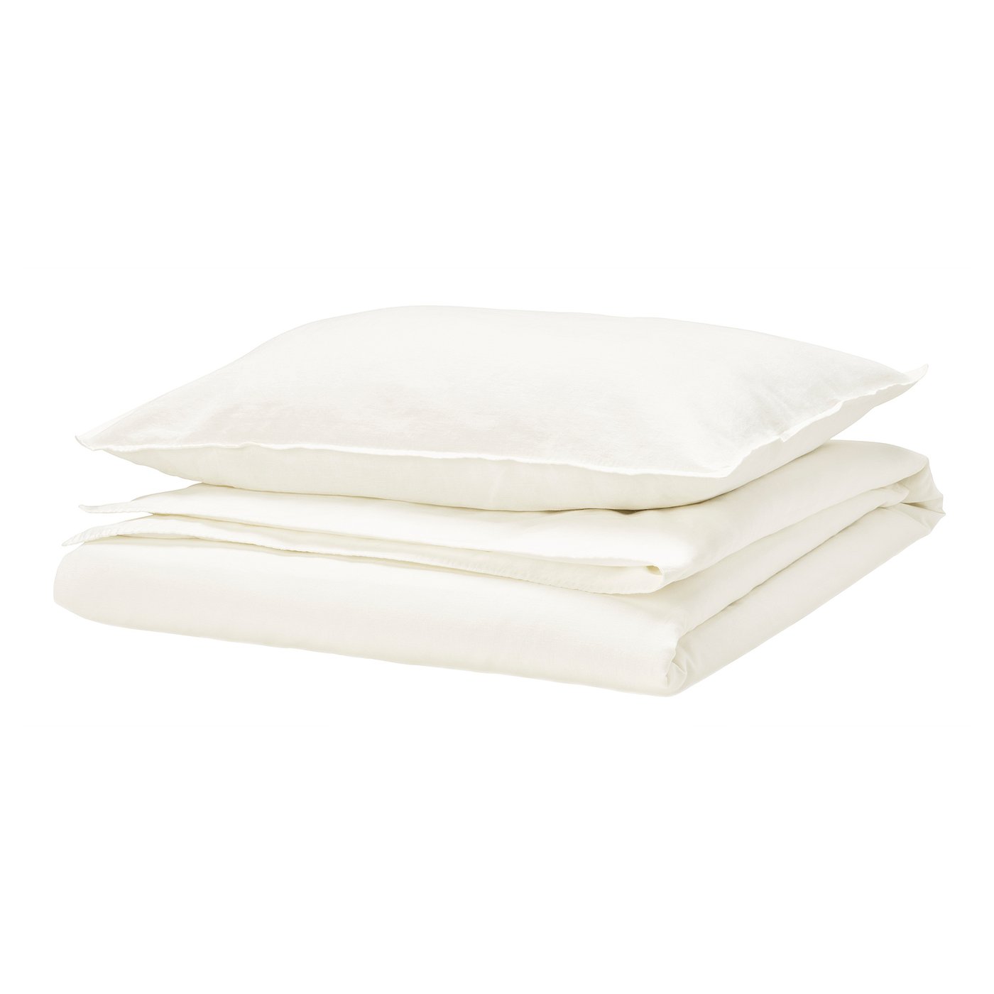 White RUNDHAGTORN linen-cotton duvet set, neatly folded, featuring wrinkle-chic design.