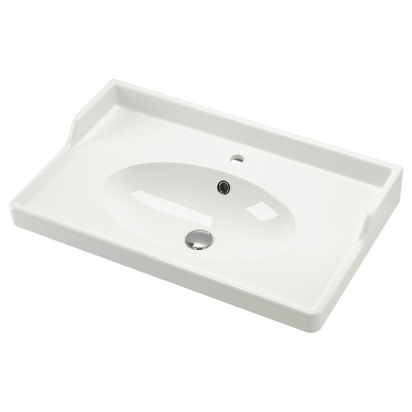 White RUTSJÖN wash-basin, ceramic, rectangular with oval bowl, classic design.